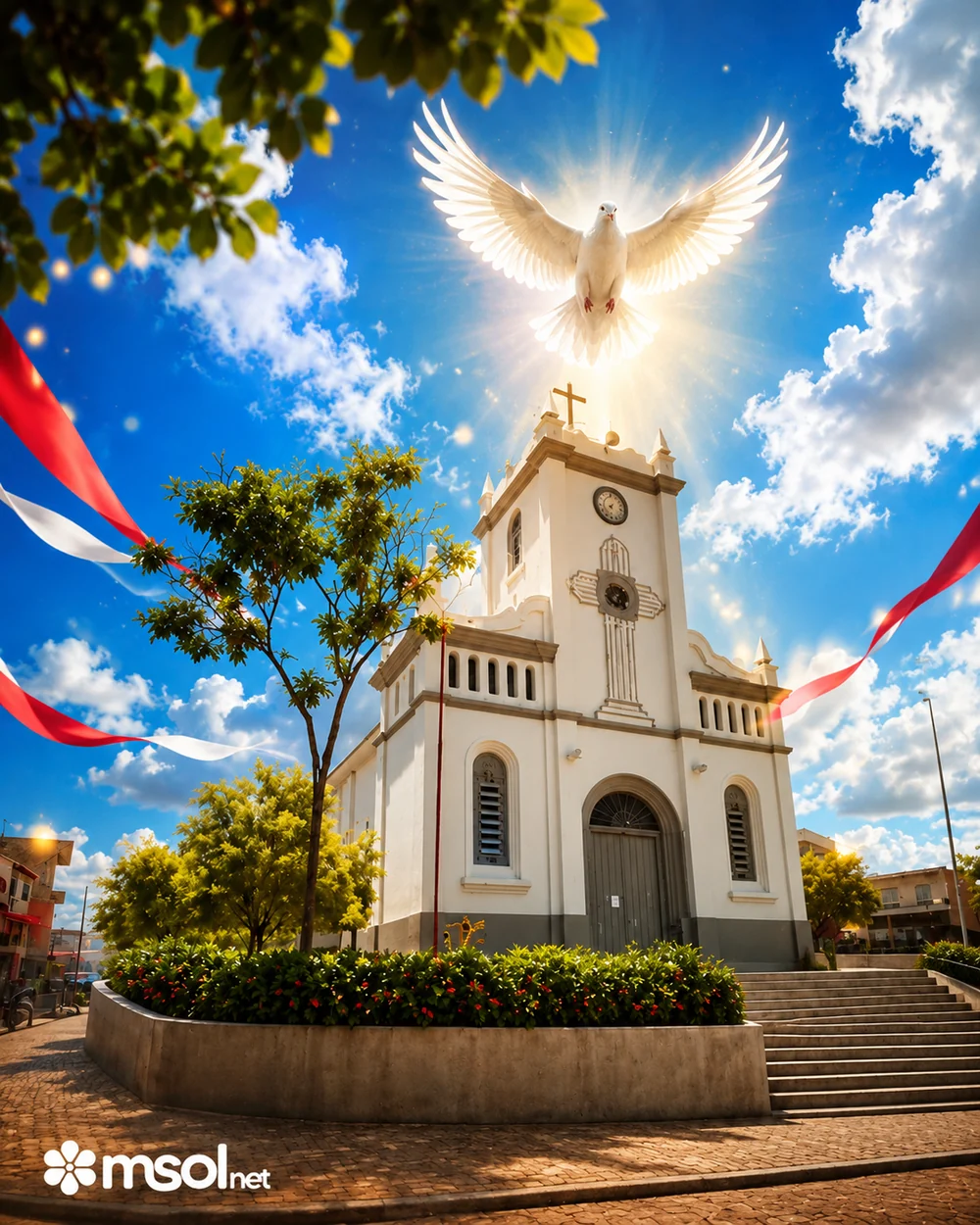 Igreja e pomba representando a Festa do Divino